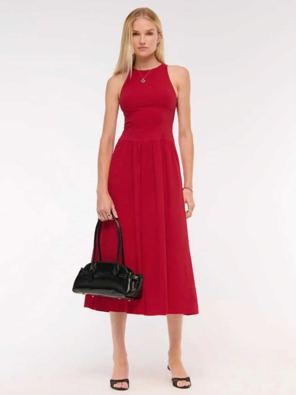 NWOT Abercrombie High-Neck Drop-Waist Midi Dress in Vivid Red
